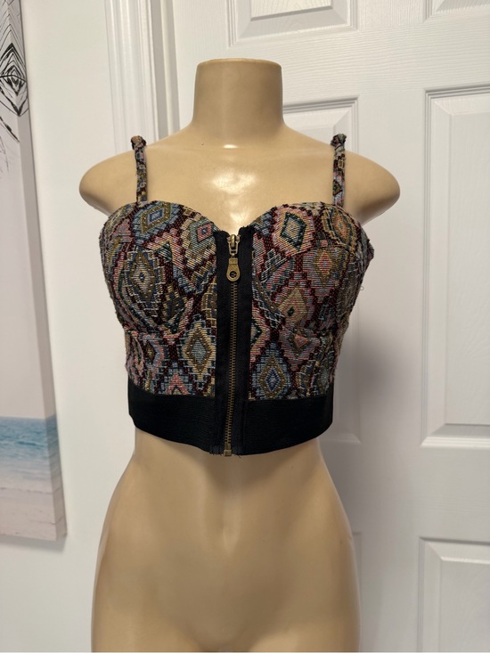 Tops - Multicolor Aztec Crop Bustier Top with Front Zip